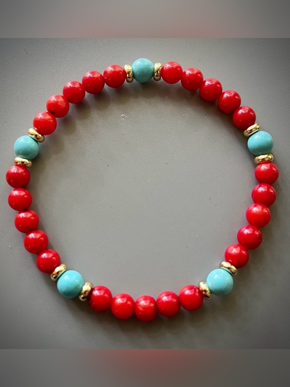 Red Coral Howlite and Blue Turquoise Handcrafted Bead Bracelet